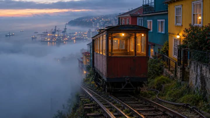 An old wooden funicular car on steep rails among painted hillside houses in Valparaíso, its lower track disappearing into sea fog at dusk.