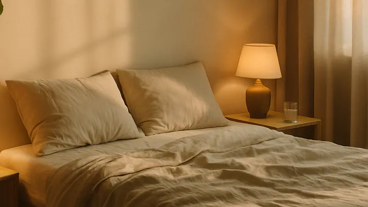 A calm, sunlit bedroom with a neatly made linen bed, warm bedside lamps, a wooden nightstand, and soft light filtering through linen curtains.
