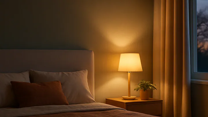 A calm, softly lit modern bedroom with neutral linen bedding, a warm bedside lamp, floor-length curtains, and a muted green wall.