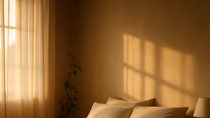 Sunlit modern bedroom with layered cream bedding, wooden nightstand, small lamp, and a potted plant near sheer linen curtains.
