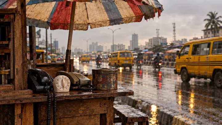 A wooden phone kiosk under a beach umbrella on a rainy Lagos street, with a kitchen timer and a tin on its counter