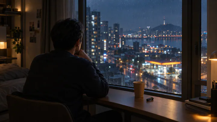 A man sits at a small desk in a rain-streaked Seoul apartment at night, an earpiece and a paper cup of barley tea beside him.