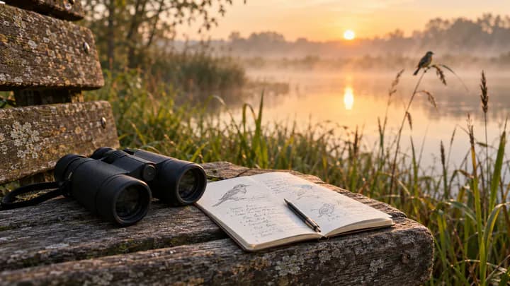 Binoculars and an open notebook of bird notes on a wooden bench beside a misty park pond at sunrise, with a small songbird on a reed