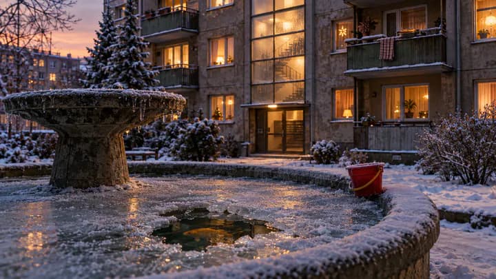 A carp swimming under a hole in the ice of a frozen courtyard fountain beside a red toy bucket, with an old Polish apartment block behind.