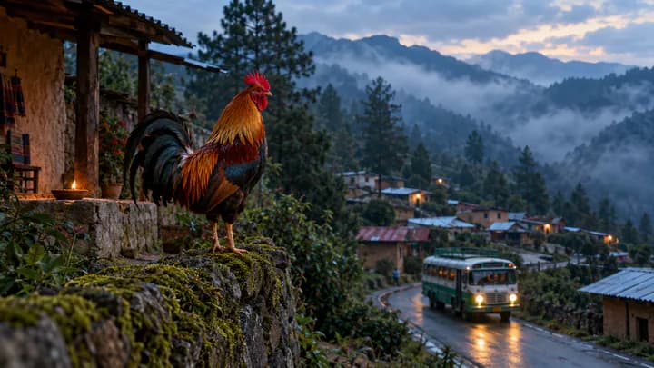 A red-gold rooster on a stone wall above a winding mountain road where an old bus approaches through pine forest at dusk