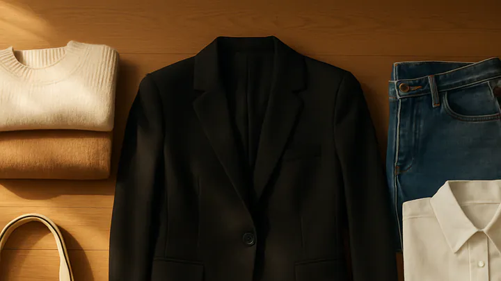 Neatly arranged neutral capsule wardrobe pieces including knitwear, a blazer, denim, loafers and a tote on a wooden floor in soft morning light.