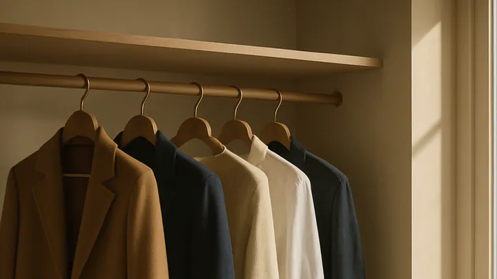 A tidy minimalist closet with neutral clothing on wooden hangers, including a camel coat, navy blazer, and white shirt in soft morning light.