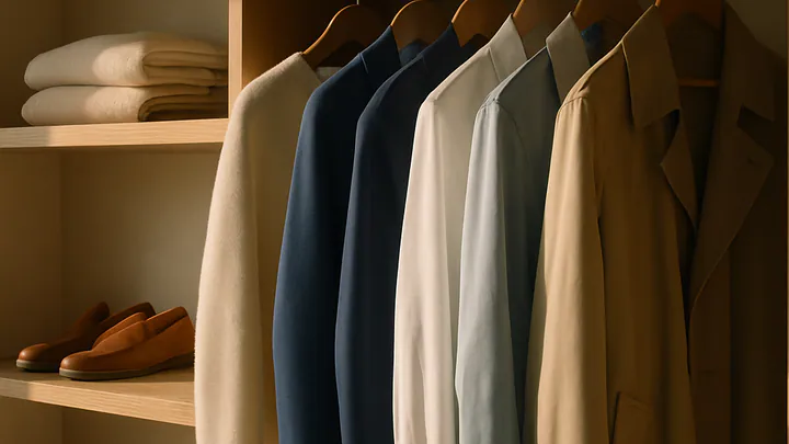 A neatly organized minimalist closet with neutral clothing on wooden hangers, folded knits, and leather shoes in soft morning light.