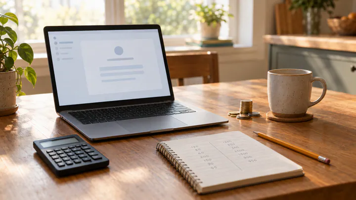 Laptop, calculator, notepad of figures and a stack of coins on a kitchen table in soft morning light