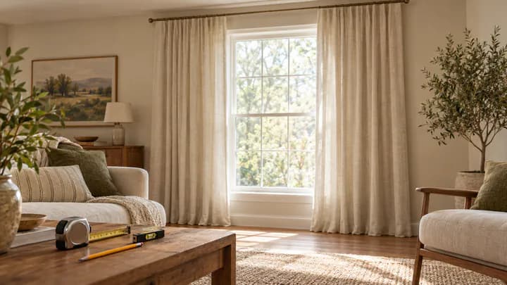 Floor-length linen curtains hung from a rod mounted high and wide around a living room window, with a tape measure and level on a table