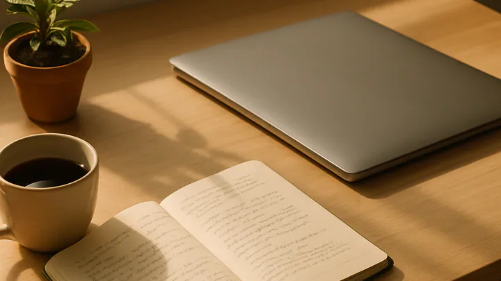 Overhead view of a tidy wooden desk with an open notebook, coffee mug, closed laptop, and a face-down phone in soft morning light.