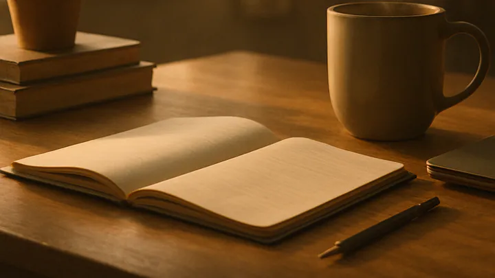 A tidy wooden desk by a sunlit window with an open notebook, mug of coffee, pencil, and closed laptop in a calm morning workspace.