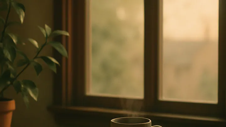 A tidy wooden desk with an open notebook, pen, steaming mug, and closed laptop beside a sunlit window, suggesting a calm focus session.