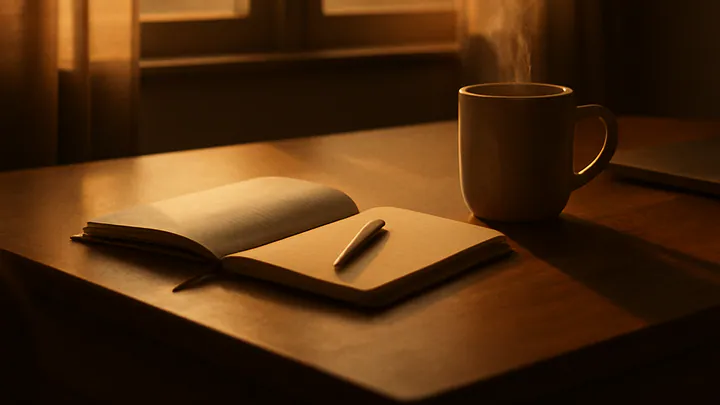 A wooden desk by a sunlit window with an open notebook, pen, and steaming mug in warm morning light.