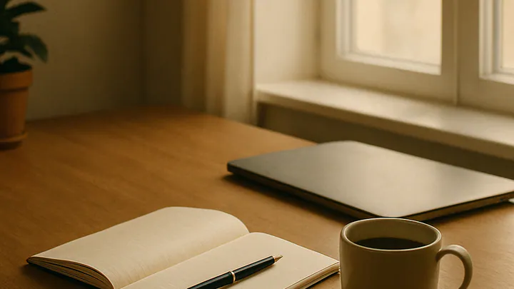 A tidy wooden desk by a window with an open notebook, fountain pen, coffee mug, and closed laptop in warm morning light.