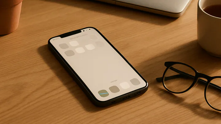Overhead view of a tidy wooden desk with a smartphone, closed laptop, mug, glasses, and a small plant in soft morning light.
