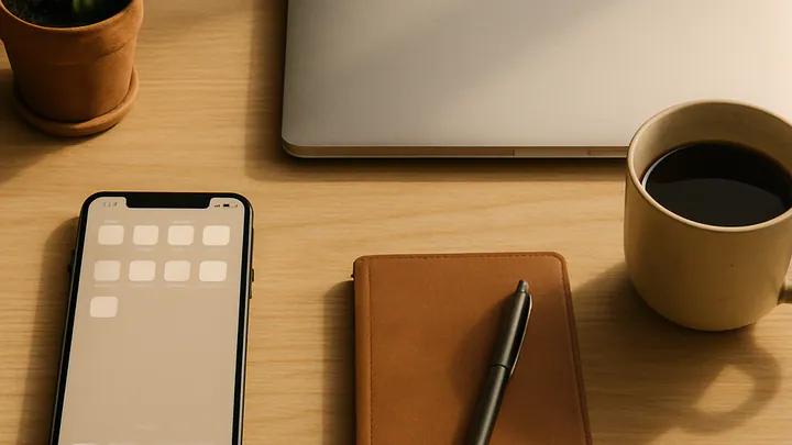 Overhead view of a minimalist wooden desk with a smartphone, closed laptop, notebook, coffee cup, and small plant in soft morning light.