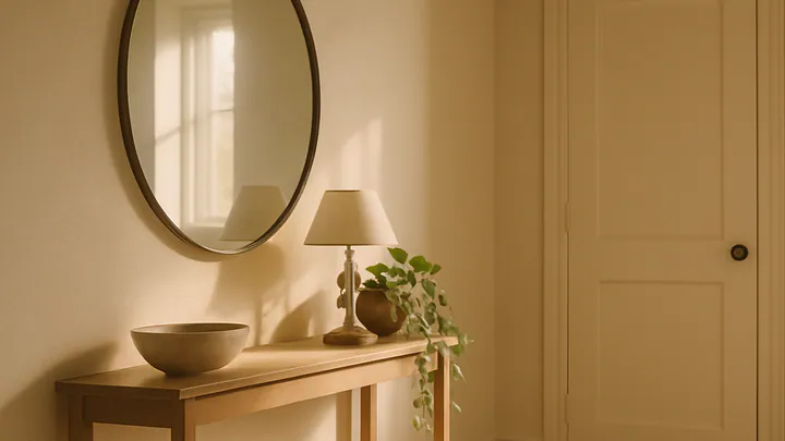 A bright minimalist home entryway with a slim oak console table, round mirror, ceramic bowl, brass lamp, and jute runner on wood flooring.