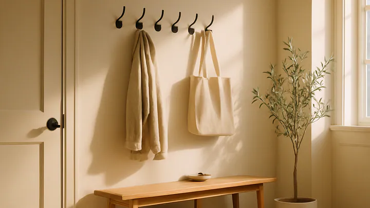 A tidy modern entryway with a wooden bench, wall hooks holding a coat and tote bag, a small key tray, and a potted plant in soft morning light.