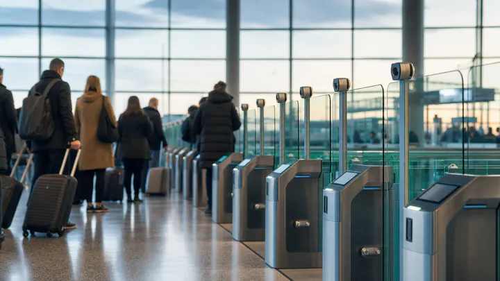 Travelers with suitcases queueing at glass biometric passport gates in a bright modern European airport arrivals hall
