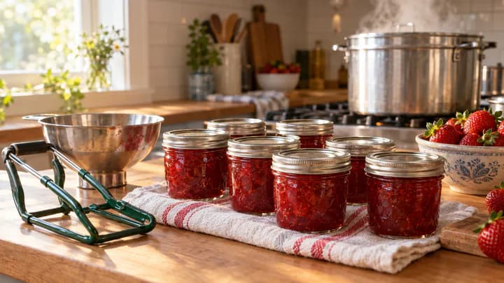 Small jars of homemade strawberry jam cooling on a towel beside a jar lifter, funnel and a steaming canner pot