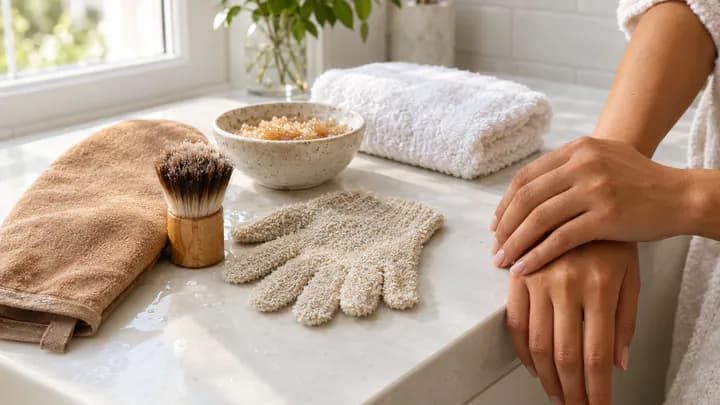 Tanning mitt, kabuki brush, exfoliating glove and sugar scrub on a bathroom counter beside lightly tanned hands