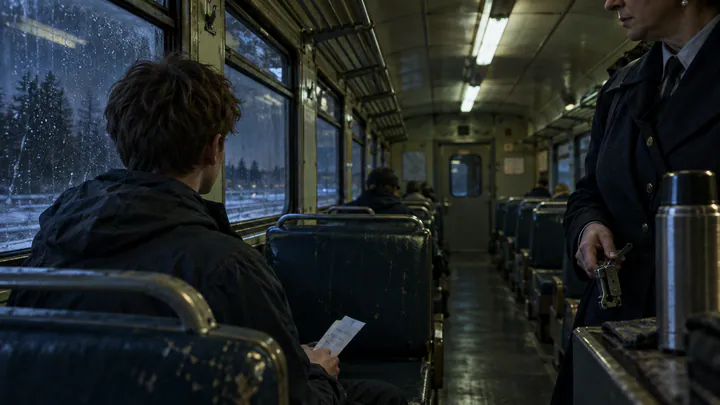 A ticket inspector's hand with a metal punch beside a boy holding a folded paper in a dim night train carriage with sleet on the windows