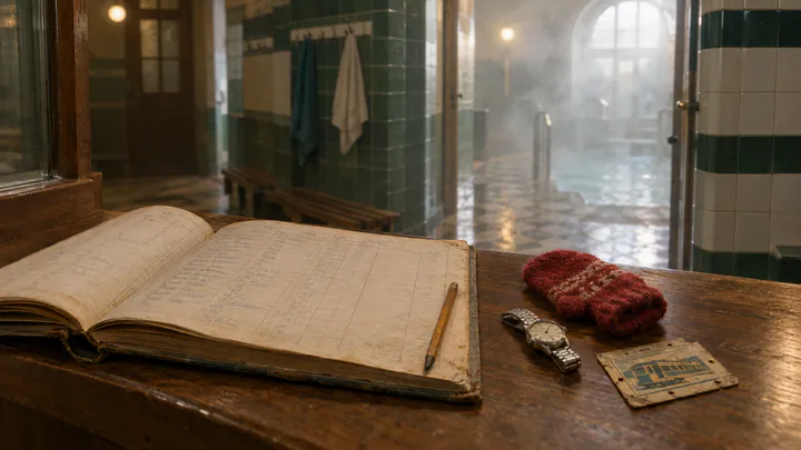 An open ledger on a bathhouse counter beside a red child's mitten, an old wristwatch and a paper tram pass, with tiled walls and steam behind.