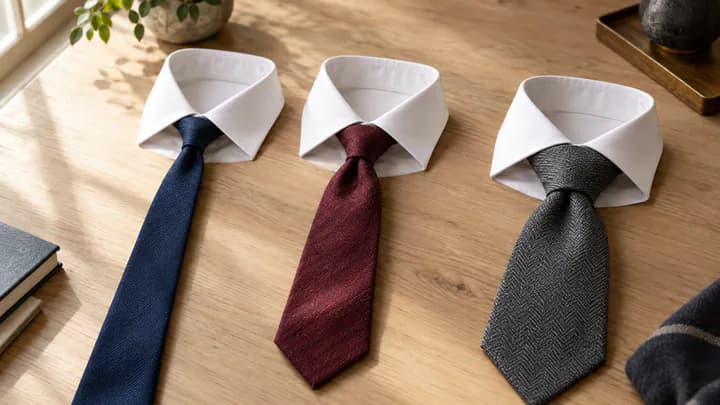 Three neckties tied in a four-in-hand, half-Windsor and Windsor knot, each inside a white shirt collar on a wooden table