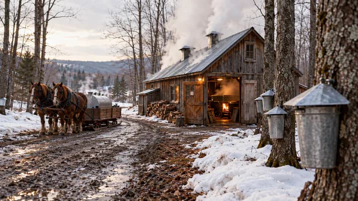 A wooden sugar shack venting steam in a snowy maple grove, with metal sap buckets hanging on trees beside a muddy country road.