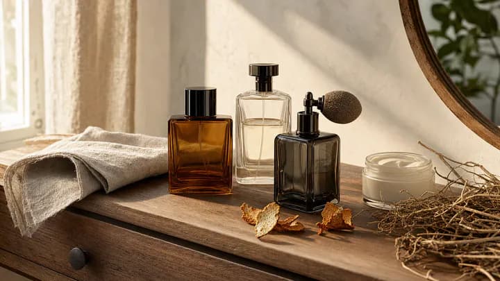 Three unlabeled glass perfume bottles on a linen cloth beside a jar of plain cream, dried orange peel and vetiver root in morning light