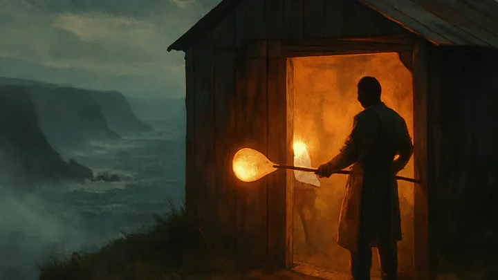 A glassblower's cliffside shed at dusk with warm light spilling out over a gray sea and misted grass.