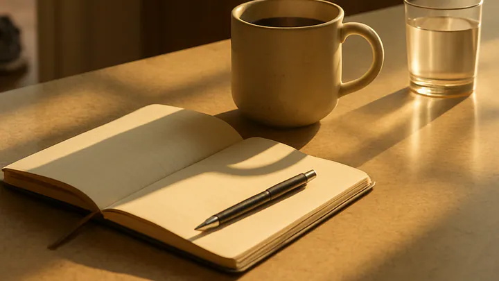A morning kitchen counter with coffee, an open notebook, a glass of water, and running shoes by the door in soft golden light.