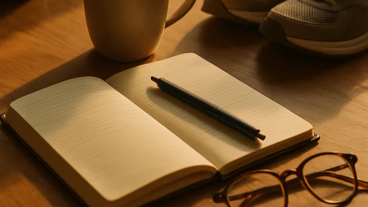Overhead view of a wooden desk with a coffee mug, open notebook, glasses, plant, and running shoes arranged in a sequence in soft morning light.