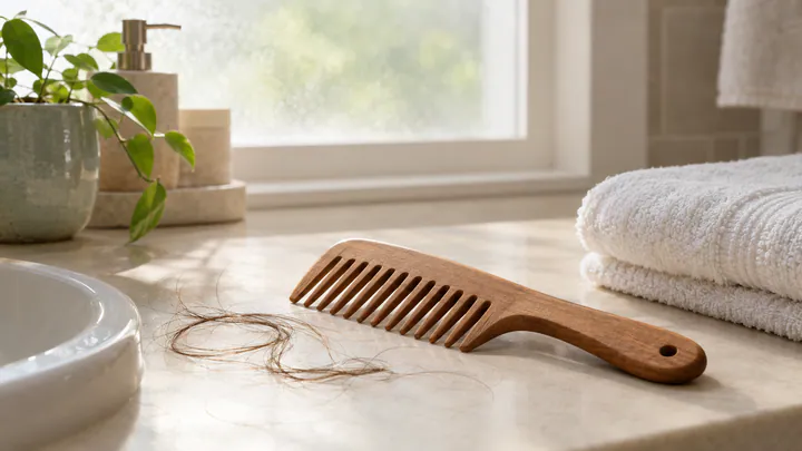 A wide-tooth wooden comb with a few loose strands of hair on a bathroom counter in soft morning light