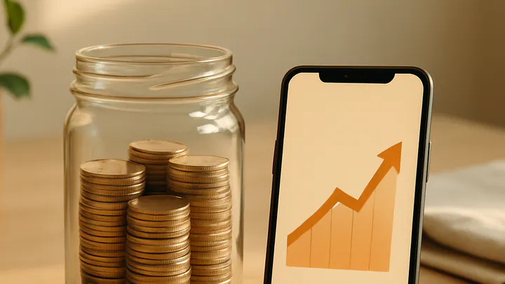Glass jar of stacked coins next to a smartphone showing a rising chart on a wooden desk in soft morning light.
