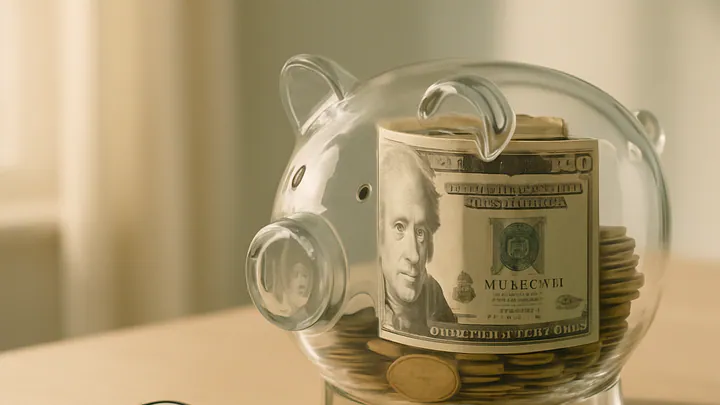 A glass piggy bank filled with cash next to a smartphone displaying a rising chart on a wooden desk in soft daylight.