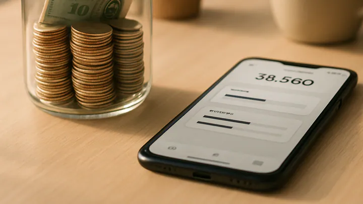 Glass jar of coins and folded bills next to a smartphone banking app, a small plant, and a coffee cup on a sunlit wooden desk.