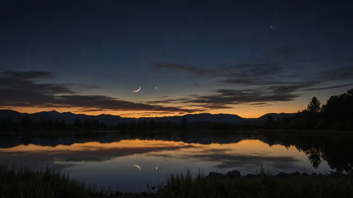 A razor-thin crescent moon with a bright planet beside it over a dark ridgeline and still water at dusk.