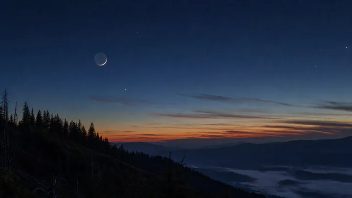 A thin waxing crescent moon and a single bright planet over a dark pine ridge in deep blue twilight