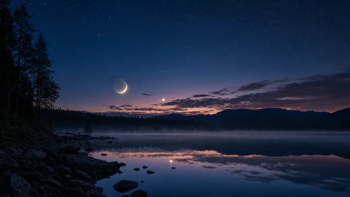 A slender waxing crescent moon low above a still dark lake, with scattered stars and one bright planet reflected in the water.