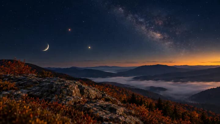 A thin waxing crescent Moon above a misty mountain ridge at night, with reddish and golden points of light in a deep blue starry sky.