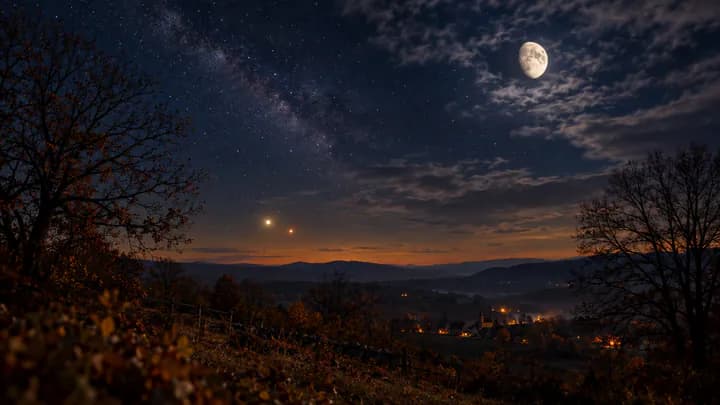 Waning gibbous Moon and two bright planets above an autumn hillside, with faint warm lantern glows in a village below.