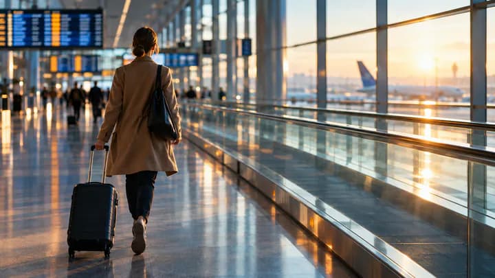 A traveler with a rolling suitcase walking quickly down a long airport concourse toward a connecting gate