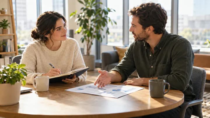 Two coworkers at a small office table discussing a printed report while one takes notes in a notebook