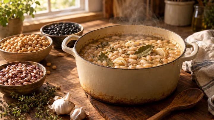 A Dutch oven of simmering white beans with bay leaves, surrounded by small bowls of dried chickpeas, black beans and pinto beans on a wooden counter.