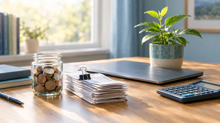 A coin jar beside a clipped stack of medical receipts, a calculator and a growing plant on a sunlit desk