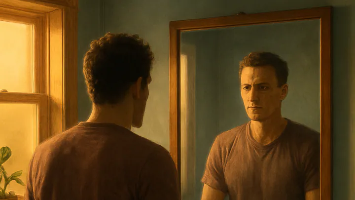 A person at a sunlit bathroom mirror seeing a calmer, more confident reflection, symbolizing identity-based habit change.