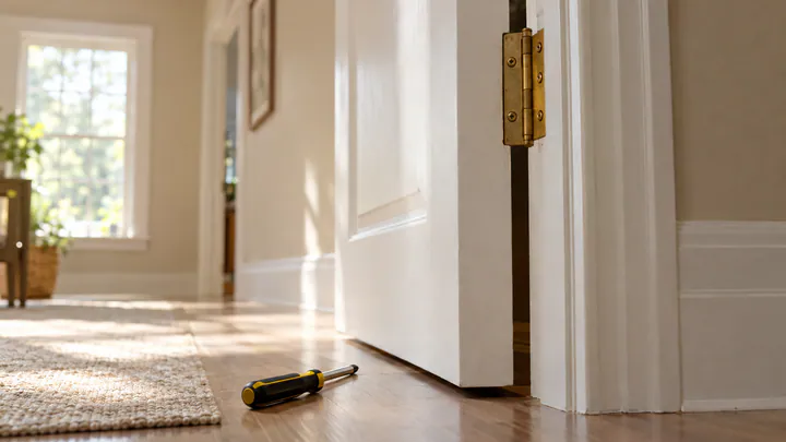 White interior door slightly open in a hallway with a brass hinge in focus and a screwdriver on the floor below