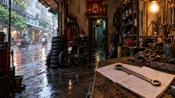 A spoke wrench on an open notebook on an oily workbench inside a narrow Saigon motorbike repair shop during monsoon rain.